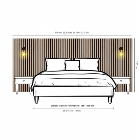 Lot de 9 Revêtements muraux tasseaux bois 120x30x1 cm - Pack tête de lit 200 - Lamelles chêne clair véritable fond noir 3,24 m²