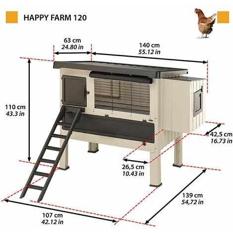 Ferplast HAPPY FARM 120 Maisonnette pour poules en plastique. Variante HAPPY FARM 120 - Mesures: 140 x 139 x h 110 cm -