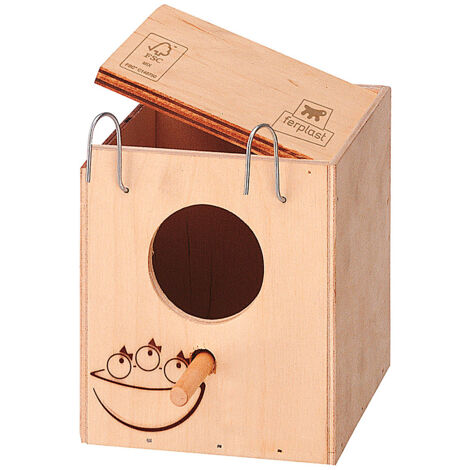 Nid d'oiseau en bois FSC pour oiseaux – Dimensions 11,5 x 12,5 x h 12 cm – Toit ouvrant pour nettoyage facile – Crochets métalliques inclus – Ferplast