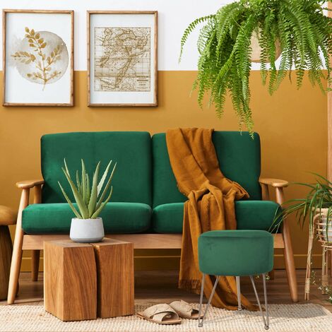 Rebecca Mobili Sgabello Pouf in Velluto Verde con Seduta Imbottita