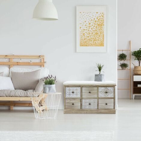 Rebecca Mobili Panca Cassettiera Beige 6 Cassetti Seduta Imbottita 49x77,5x35
