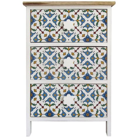 Rebecca Mobili Comodino Cassettiera 3 Cassetti Bianco Maioliche Legno 60x40x30