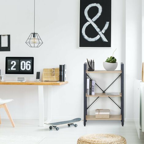 Rebecca Mobili Libreria Scaffale 3 Ripiani in Metallo e Legno Nero Beige  design Moderno