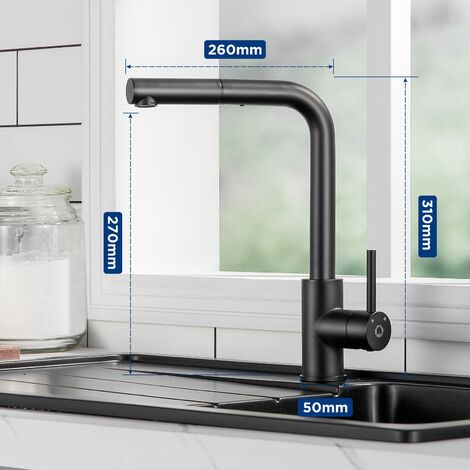 CECIPA Mitigeur Cuisine Noir Douchette Robinet Douchette d'évier Extractible Mitigeur Evier Bec Haut Pivotant à 360° Acier Inox Barboteur Démotable