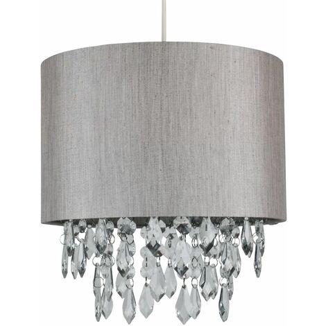 Silver Grey 250mm Easy Fit Shade with Silver Inner and Clear Droplets - Silver faux silk with clear acrylic detail