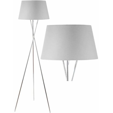 Chrome Twist Tripod Floor Lamp with Grey Fabric Shade - Polished chrome plate and grey cotton