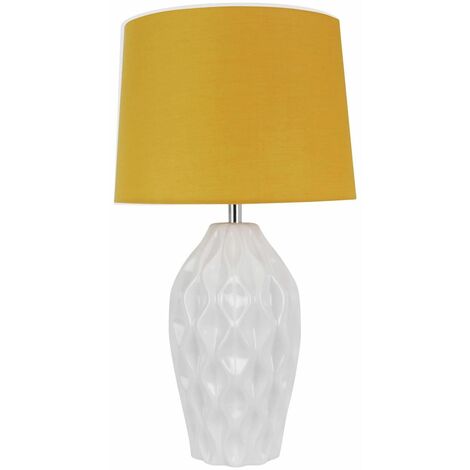 White Gloss Glaze Ceramic Bedside Table Light with Ochre Cotton Fabric Shade 