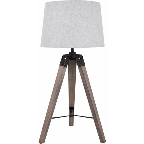Grey Wash Tripod Wooden Table Lamp with Black Painted Metal Details and Grey Fabric Shade