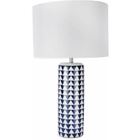 Navy Blue and White Ceramic 52cm Table Lamp - White & navy blue glaze with polished chrome plate detail and white cotton