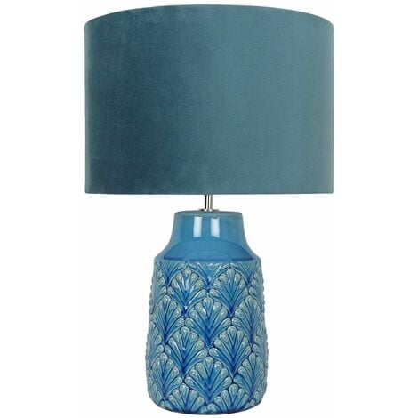 Peacock Glazed Ceramic Lamp with Teal Velour Shade