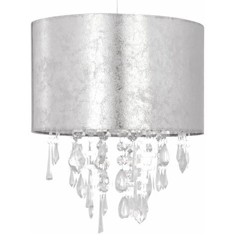 Silver Marble Affect Jewelled Light Shade - Silver marble effect cotton with clear acrylic detail