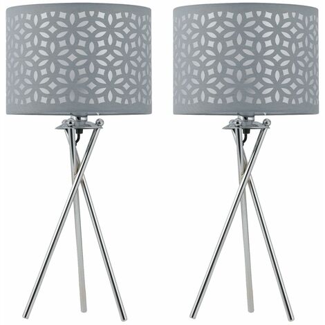 Set of 2 Chrome Tripod Table Lamps with Grey Laser Cut Shades