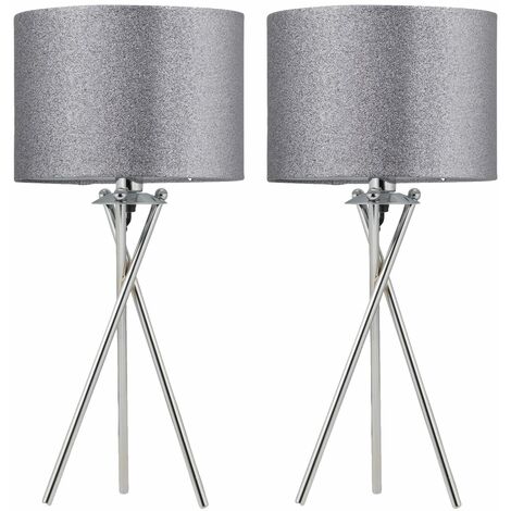 Set of 2 Chrome Tripod Table Lamps with Grey Glitter Shades