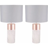 Pair of Layered Cylinder White Marble and Copper Table Lamps with Grey Fabric Shades