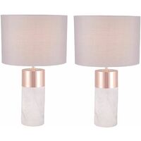 Pair of Layered Cylinder White Marble and Copper Table Lamps with Grey Fabric Shades