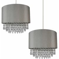 2 x Modern Silver Ceiling Light Pendant Shades w/ Silver Inner & Clear Droplet Beads - Silver faux silk with clear acrylic detail