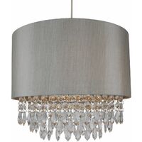 2 x Modern Silver Ceiling Light Pendant Shades w/ Silver Inner & Clear Droplet Beads - Silver faux silk with clear acrylic detail