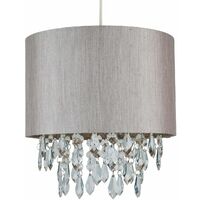 Silver Grey 250mm Easy Fit Shade with Silver Inner and Clear Droplets - Silver faux silk with clear acrylic detail