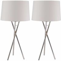 Pair Chrome Tripod Table Lamp with White Fabric Shade