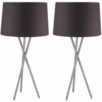 Pair Grey Tripod Table Lamp with Black Fabric Shade