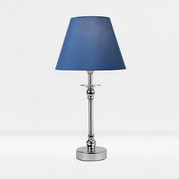 Set of 2 Chrome Plate Bedside Table Light with Detailed Column Blue Fabric Shade - Polished chrome plate and textured blue cotton