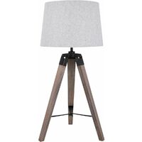 Grey Wash Tripod Wooden Table Lamp with Black Painted Metal Details and Grey Fabric Shade