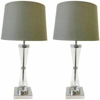 Set of 2 Chrome Touch Lamps with Grey Cotton Shades