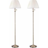 Set of 2 Antique Brass Swing Arm Floor Lamps with Ivory Pleated Shades