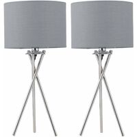 Set of 2 Chrome Tripod Table Lamps with Grey Cotton Shades