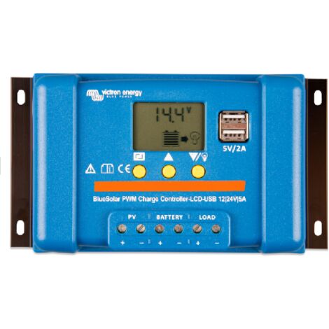 Victron – Régulateur de charge solaire PWM 12V/24V 5A – Écran LCD – 2 sorties USB 5V – Protection contre courts-circuits et surintensité