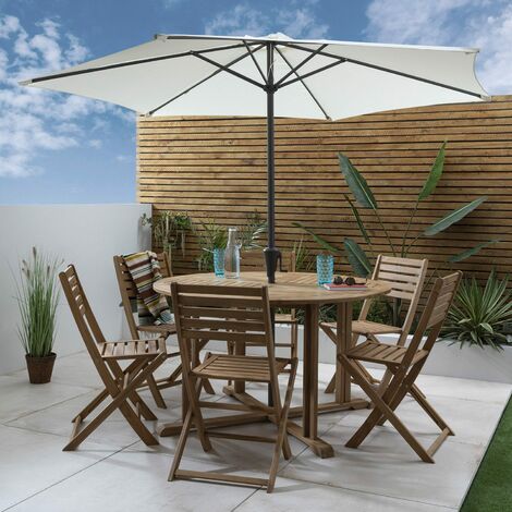 Casey wooden garden furniture - 6 seater outdoor dining set with cream parasol - Natural