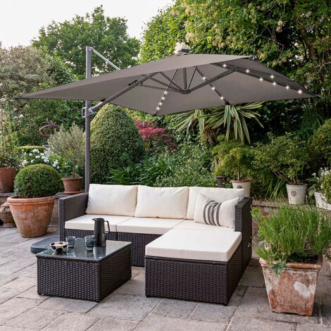 4 Seater Rattan Corner Sofa Set with LED Cantilever Parasol and Base - Brown Weave - Grey