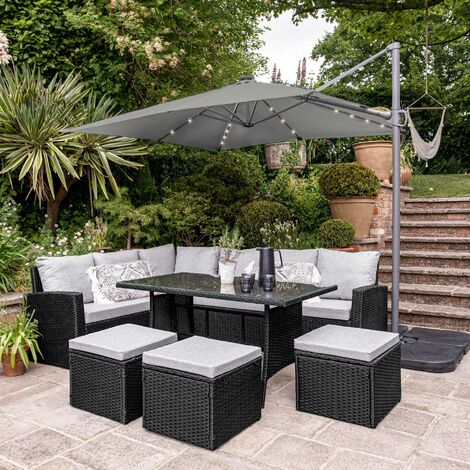 Aston rattan corner sofa set - grey LED cantilever parasol - 9 seater - black - Grey