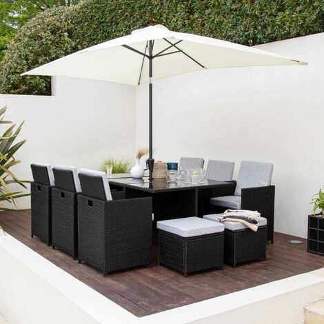 10 Seat Rattan Cube Outdoor Dining Set with LED Premium Parasol and Parasol Rain Cover - Black Weave - Black
