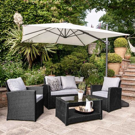Cote garden sofa set - LED cantilever parasol - 4 seater - black rattan - Black