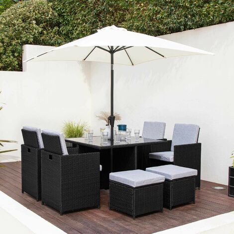 8 Seat Rattan Cube Outdoor Dining Set with LED Premium Parasol and Parasol Rain Cover - Black Weave - Black