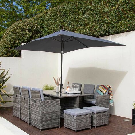 10 Seat Rattan Cube Outdoor Dining Set with LED Premium Parasol and Parasol Rain Cover - Grey Weave - Grey