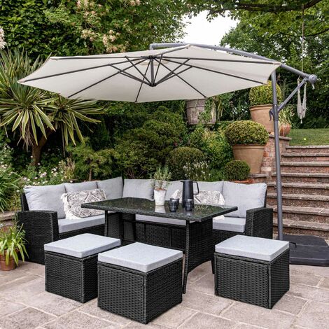 Aston rattan corner sofa set - cream lean over parasol - 9 seater - black - Black