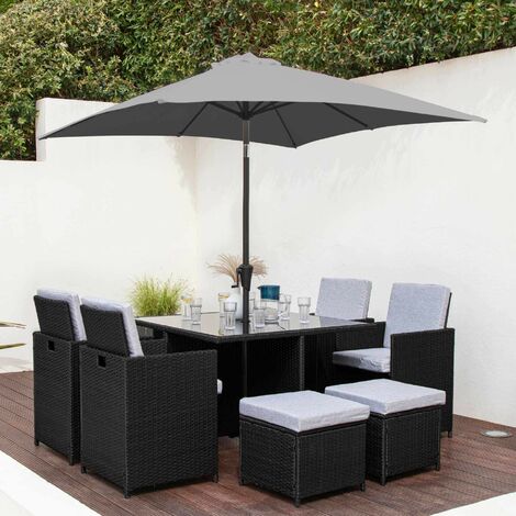 8 Seat Rattan Cube Outdoor Dining Set with LED Premium Parasol and Parasol Rain Cover - Black Weave - Grey