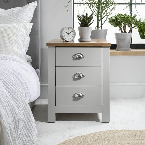 Bampton Grey Bedside Table 3 Drawer, Grey Side Table With Drawers