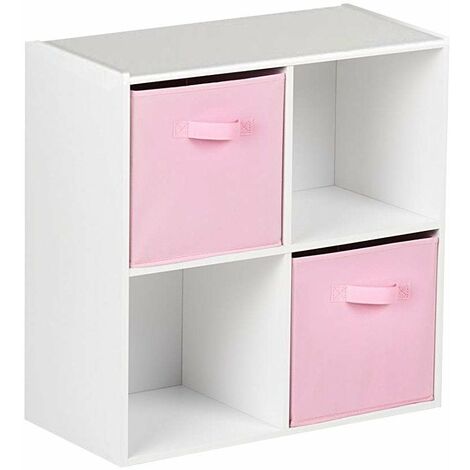 4 Cube White Bookcase Wooden Display Unit Shelving Storage Bookshelf Shelves (Pink Basket) - white