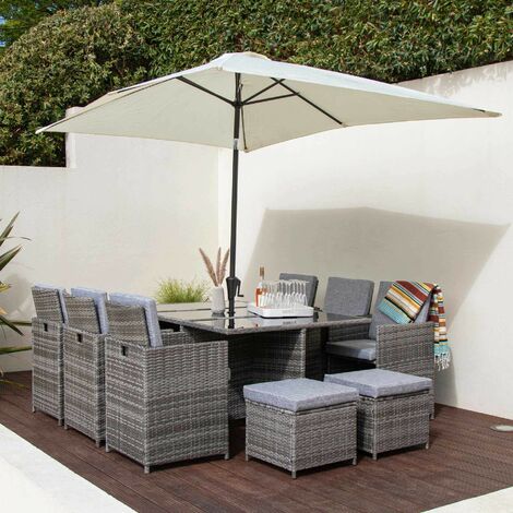 10 Seat Rattan Cube Outdoor Dining Set with LED Premium Parasol and Parasol Rain Cover - Grey Weave - Grey