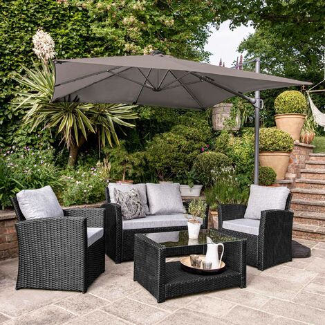 Cote garden sofa set - LED cantilever parasol - 4 seater - black rattan - Grey