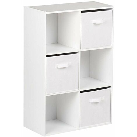 6 Cube White Bookcase Wooden Display Unit Shelving Storage Bookshelf Shelves (White Basket) - white