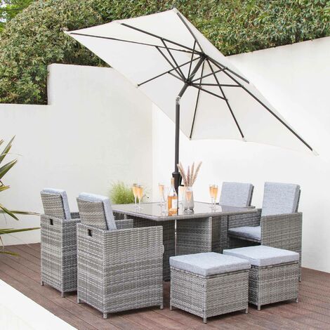 8 Seater Rattan Cube Outdoor Dining Set With Parasol Grey Weave - 6 Seater Rattan Garden Furniture Set With Parasol