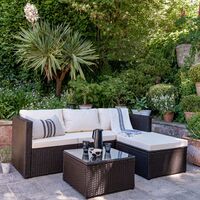 4 Seater Rattan Corner Sofa Set with LED Cantilever Parasol and Base - Brown Weave - Brown