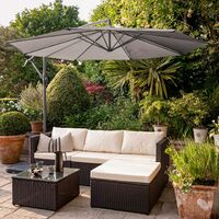 4 Seater Rattan Corner Sofa Set with Lean Over Parasol and Base - Brown Weave - Grey