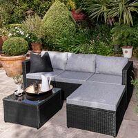 4 Seater Rattan Corner Sofa Set with Lean Over Parasol and Base - Black Weave - Grey