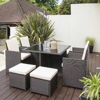 8 Seat Rattan Cube Outdoor Dining Set with LED Premium Parasol and Parasol Rain Cover - Mixed Brown Weave - Brown