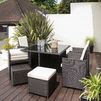 8 Seat Rattan Cube Outdoor Dining Set with LED Premium Parasol and Parasol Rain Cover - Mixed Brown Weave - Brown